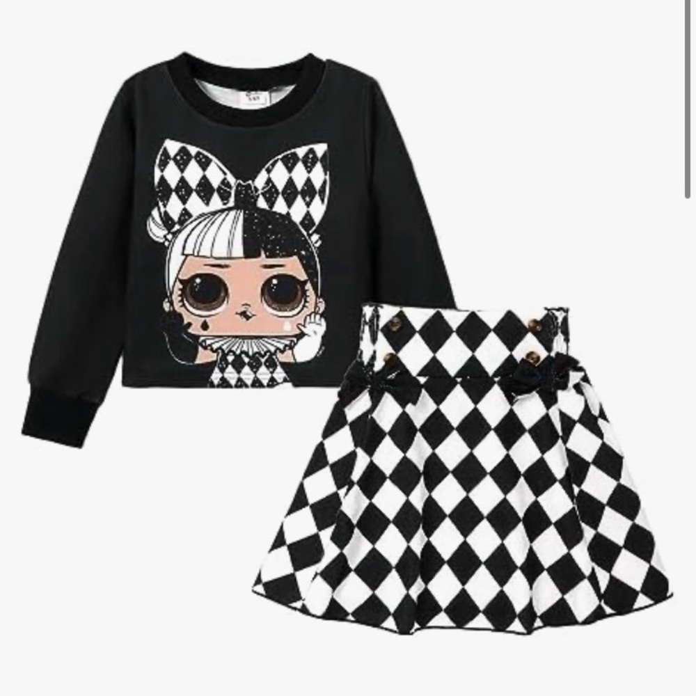 L.O.L. Surprise! Girl Long Sleeve Letter Sweatshirt Plaid Smocked Skirt Set